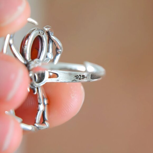 Baltic Amber Cherry Spider Ring in 925 Sterling Silver- Adjustable Size - Picture 5 of 6